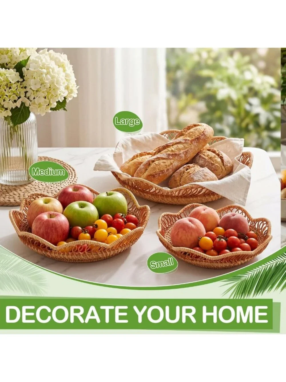 Handmade Rattan Bread & Fruit Baskets Set - Woven Decorative Serving Trays